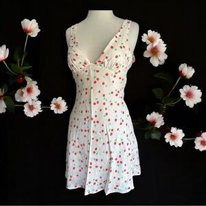 NWT ZARA Cherry Print Silk Slip Mini Dress XS Red V-Neck Sleeveless Zip Back Y2K